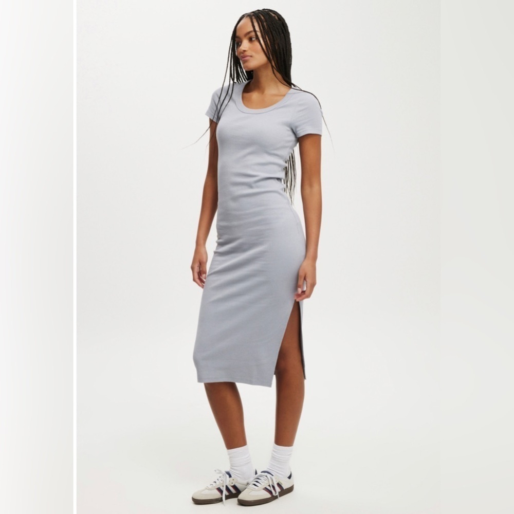 NWT Cotton On Grey Minimalist Ribbed Short Sleeve Midi Dress Side Slit Small